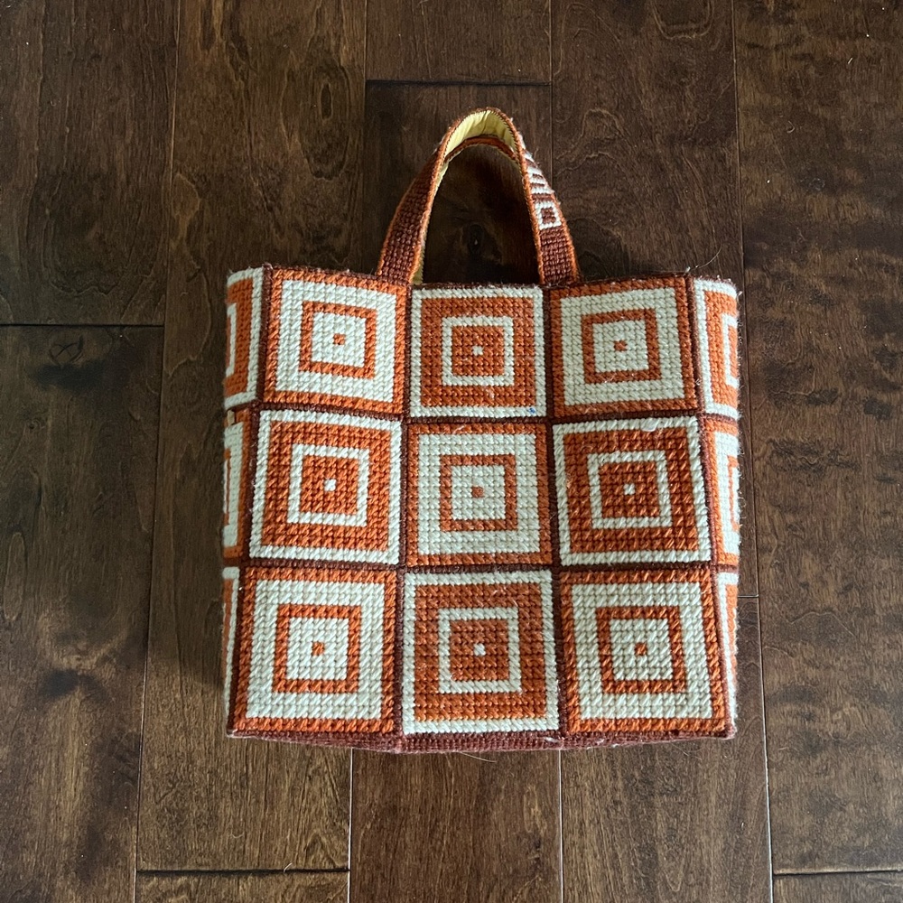 Vintage needlepoint on plastic mesh bag